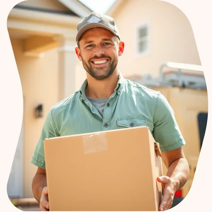 Two removalists moving boxes up stairs